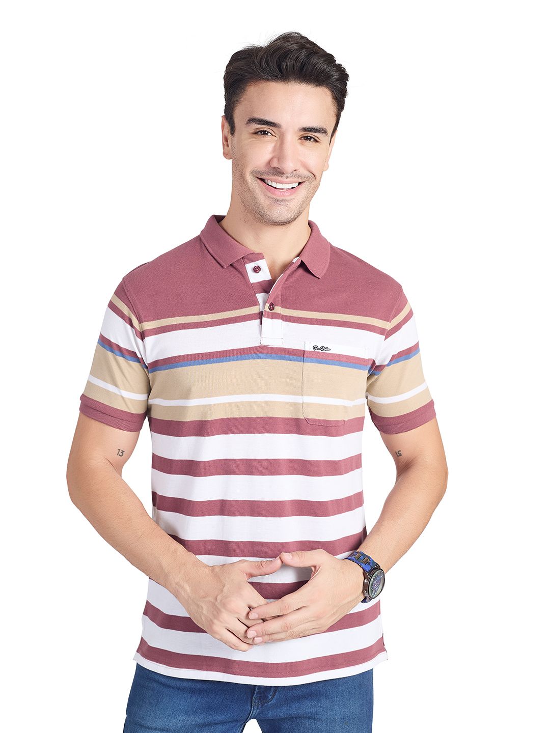 PRORIDERS Men Striped Polo Collar Pockets T-shirt