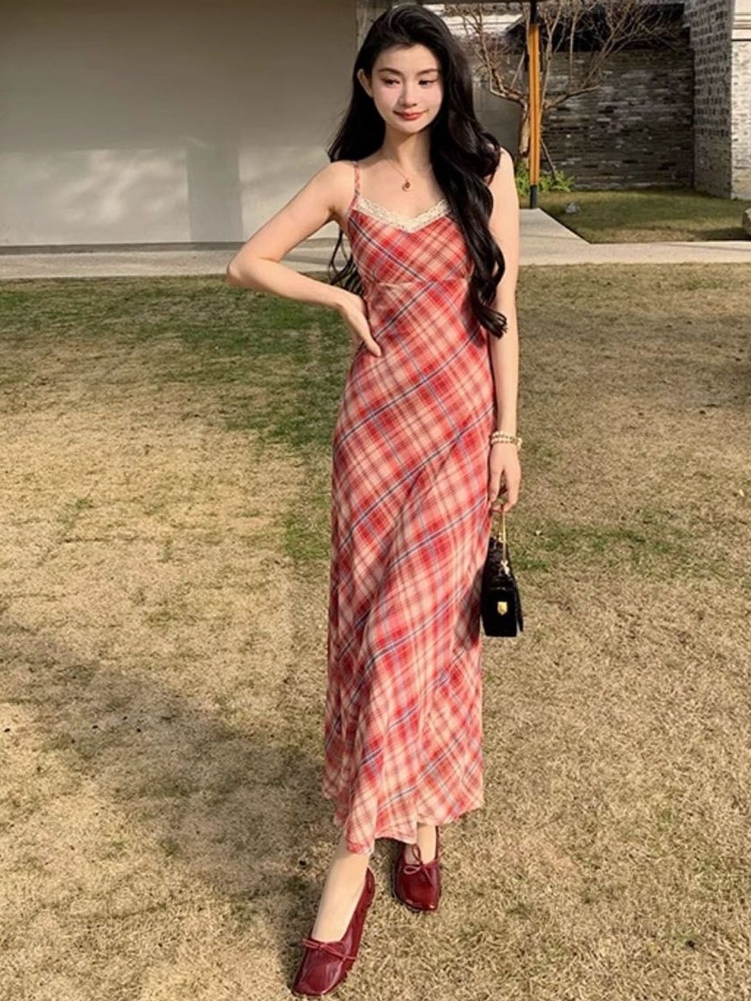 Red Checked Maxi Dress - Buy Red Checked Maxi Dress online in India