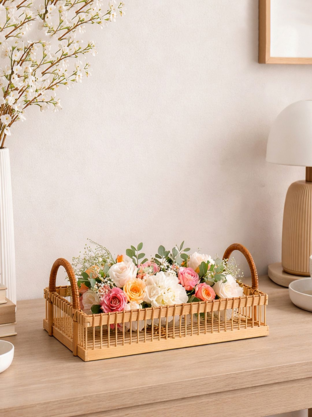 HABERE INDIA Beige Bohemian Bamboo Multi-Utility Rectangular Organiser Tray