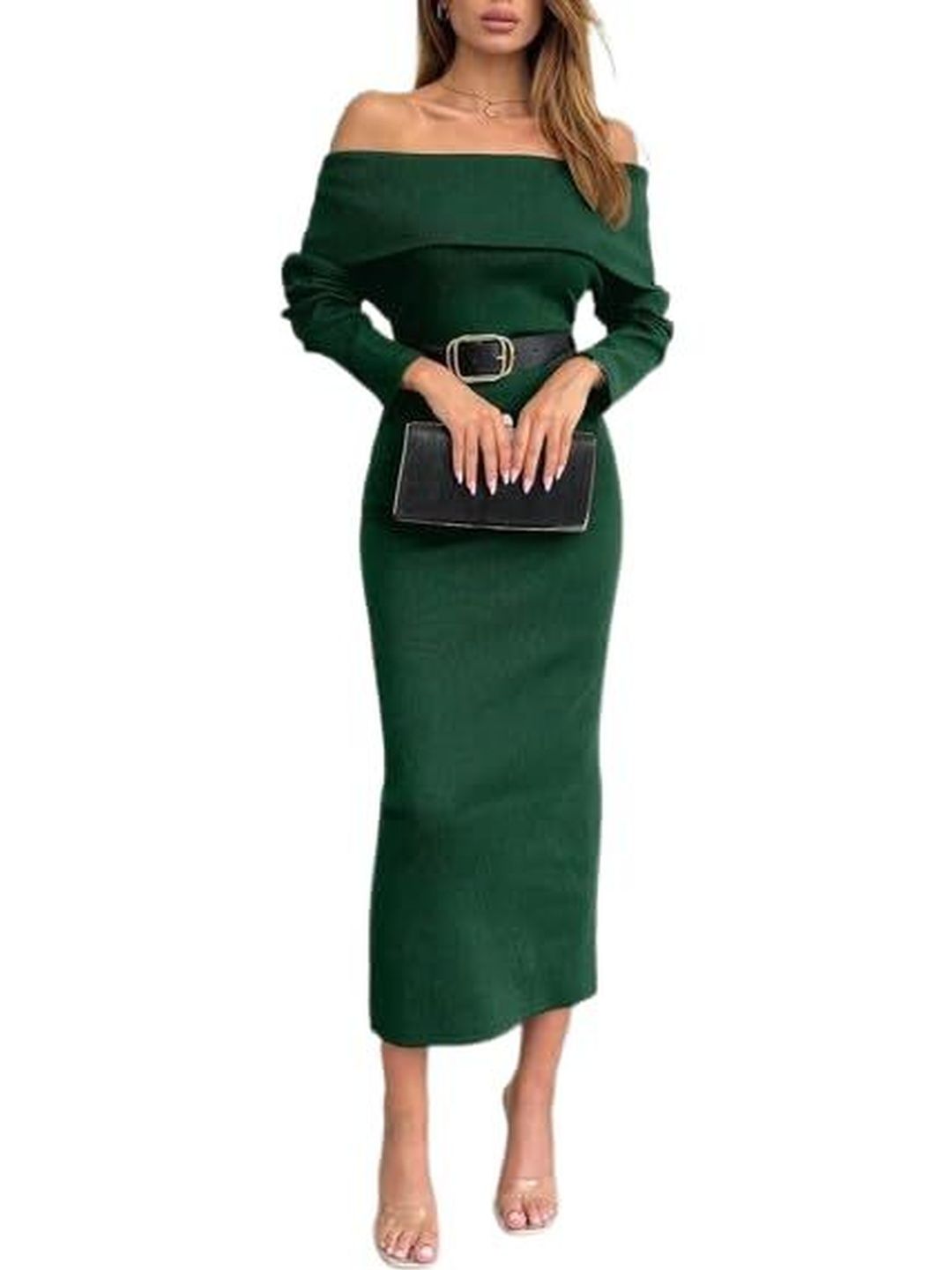 OOTDFY OOTDFY Off-Shoulder Satin Sheath Midi Dress