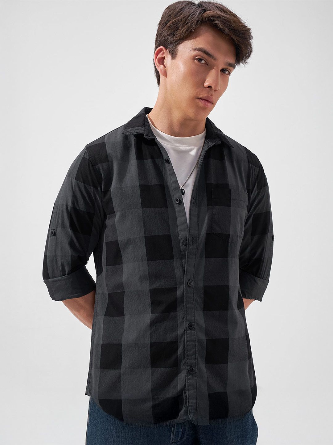HIGHLANDER HIGHLANDER Men Black & Grey Slim Fit Checked Casual Shirt