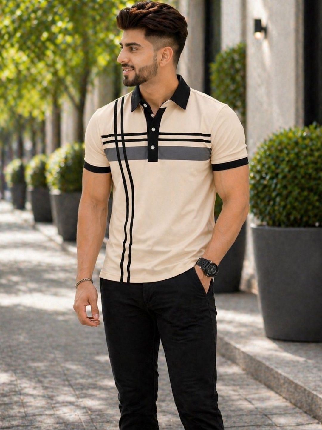 TAZO Men Striped Polo Collar T-shirt