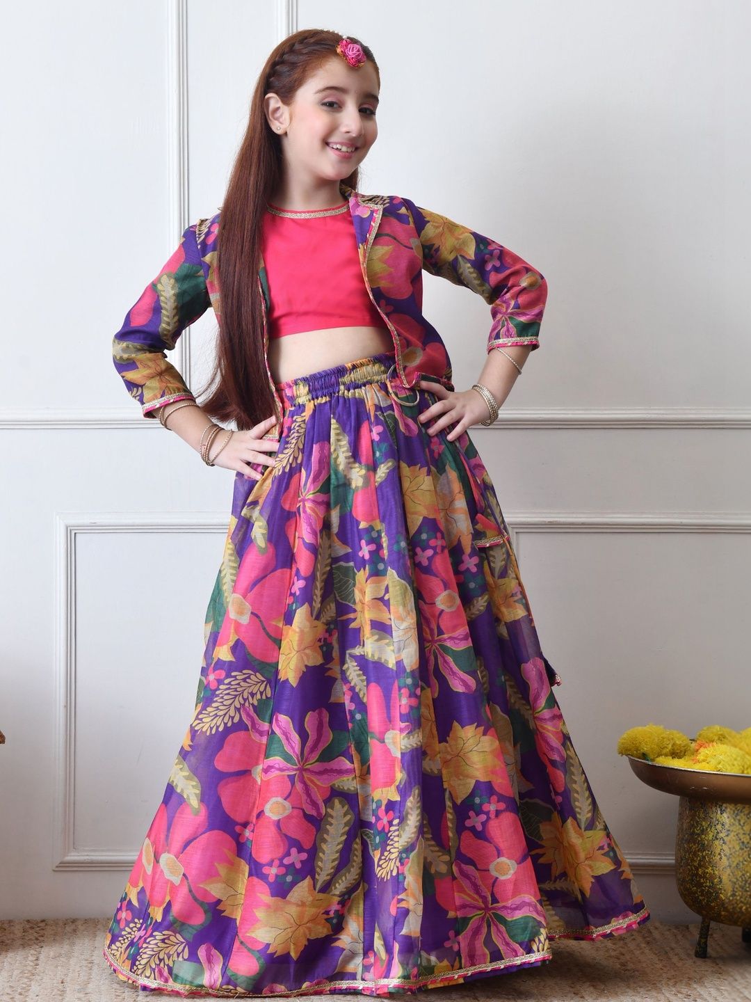 House of Pataudi Floral Printed Round Neck Lehenga With Choli & Jacket