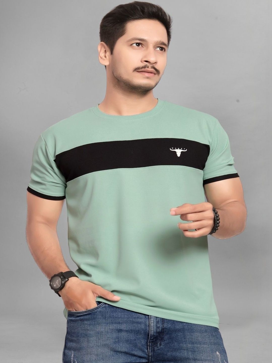 U and J Lime Green Colourblocked T-shirt
