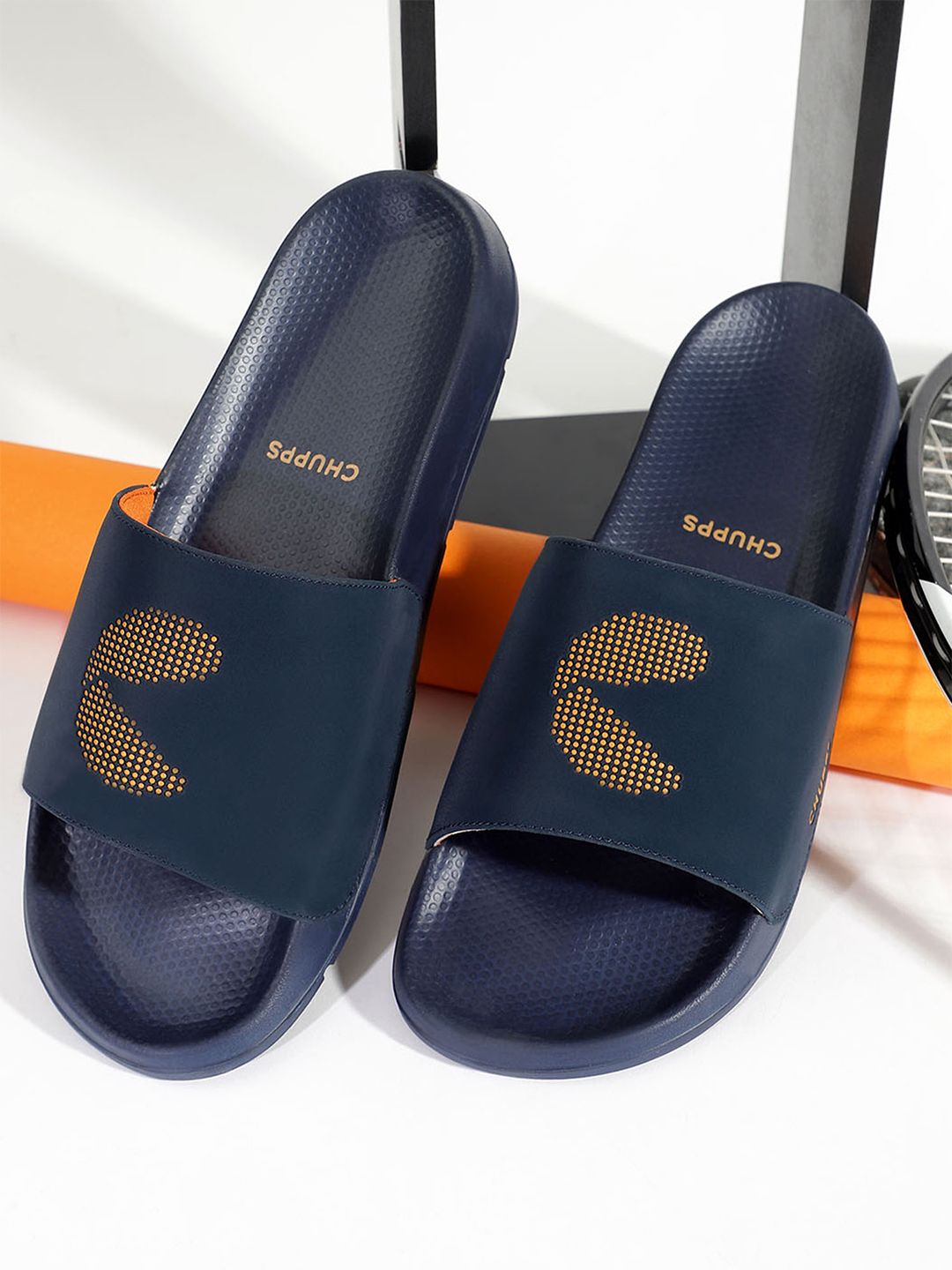 CHUPPS Men Navy Orange Dot Fusion Ergo-X Orthopedic Sliders