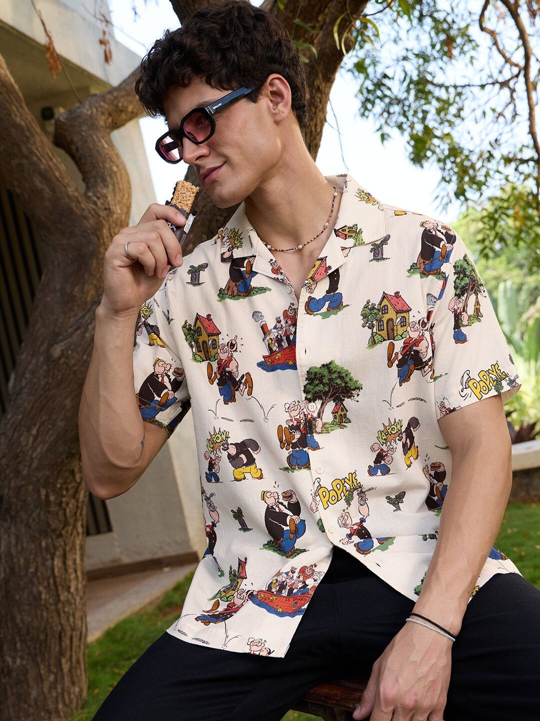 The Souled Store The Souled Store Men Regular Fit Popeye Printed Off White Cotton Linen Shirts