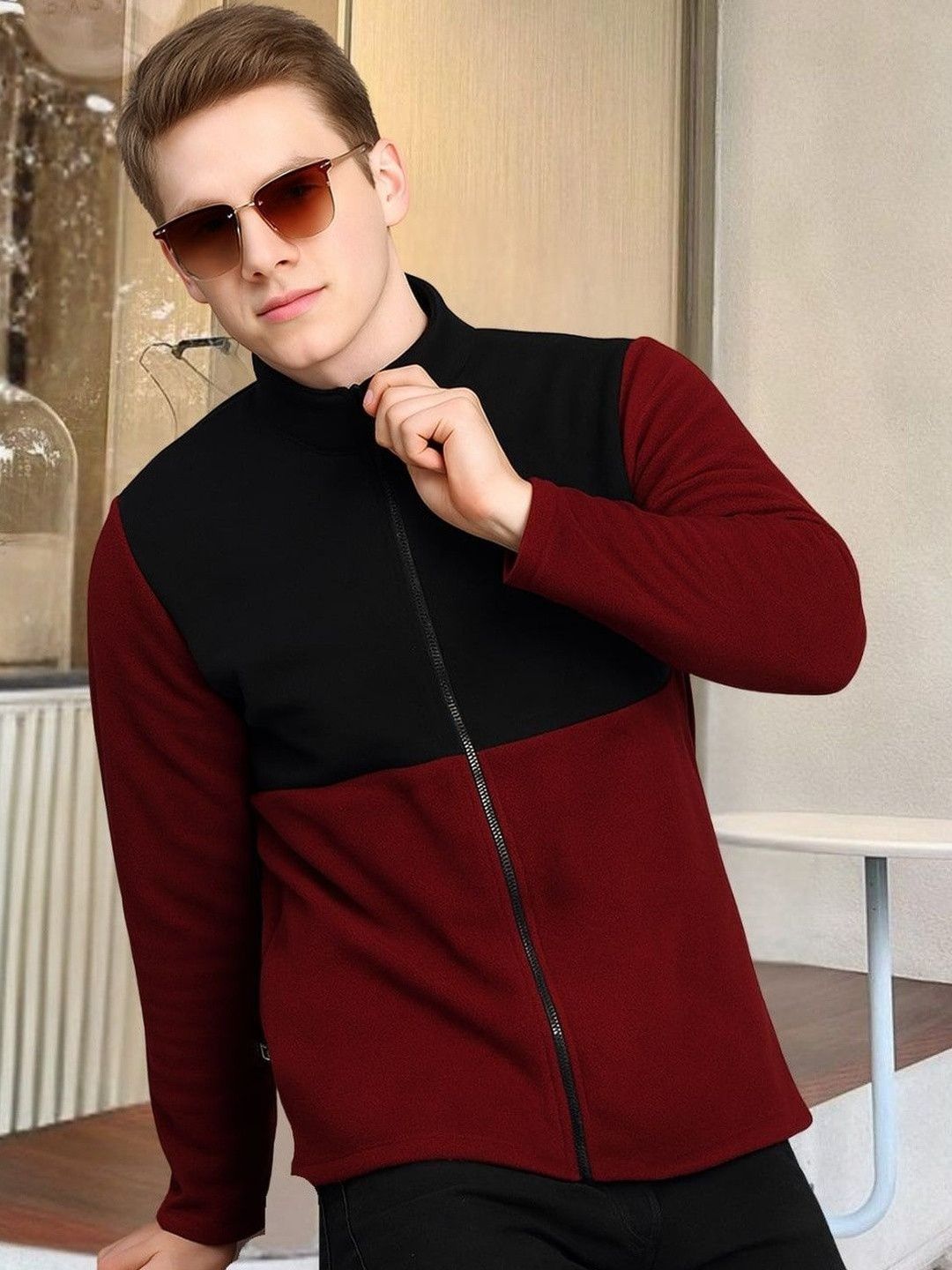 HERE&NOW Men Colourblocked Fleece Bomber Jacket