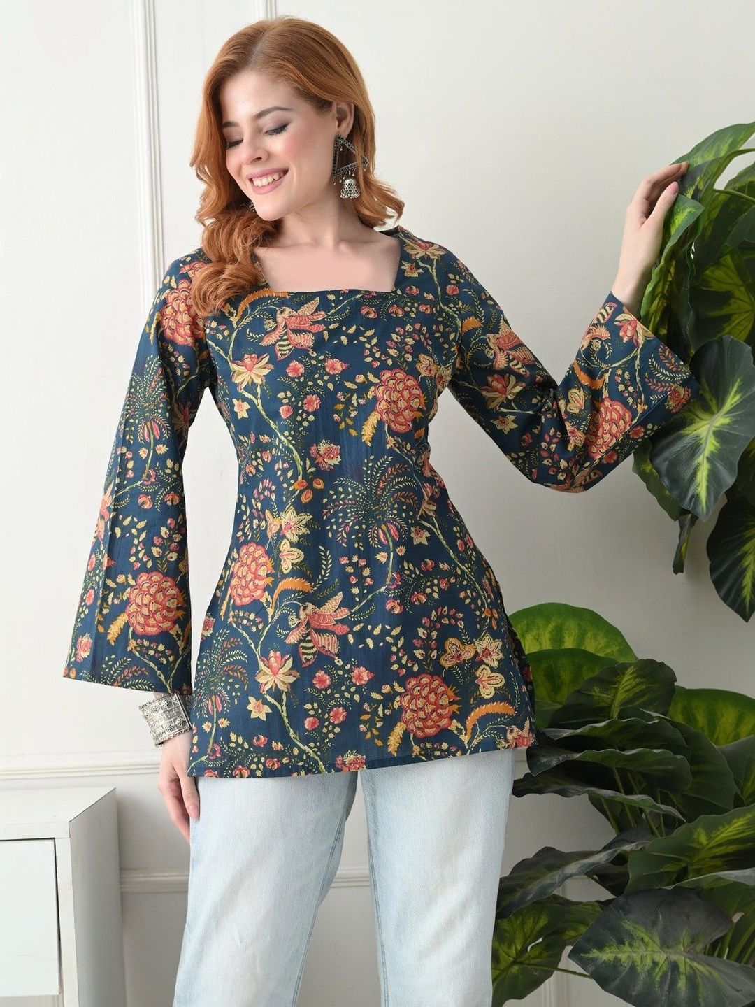 KJFAB Floral Printed Square Neck Flared Sleeves Pure Cotton Kurti