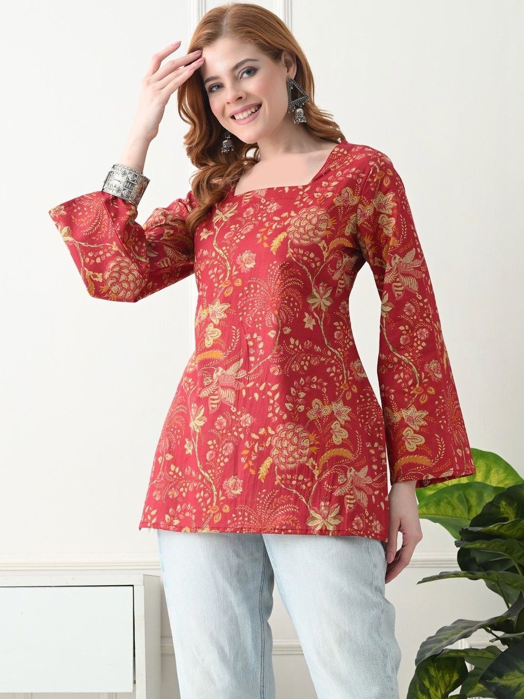 KJFAB Floral Printed Square Neck Pure Cotton Kurti