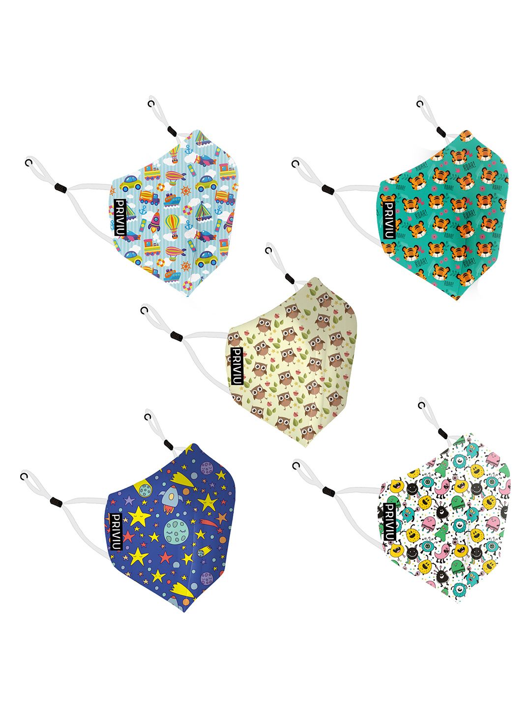 PRIVIU Kids Unisex Set of 5 Multicoloured Reusable 4-Ply Protective Outdoor Masks