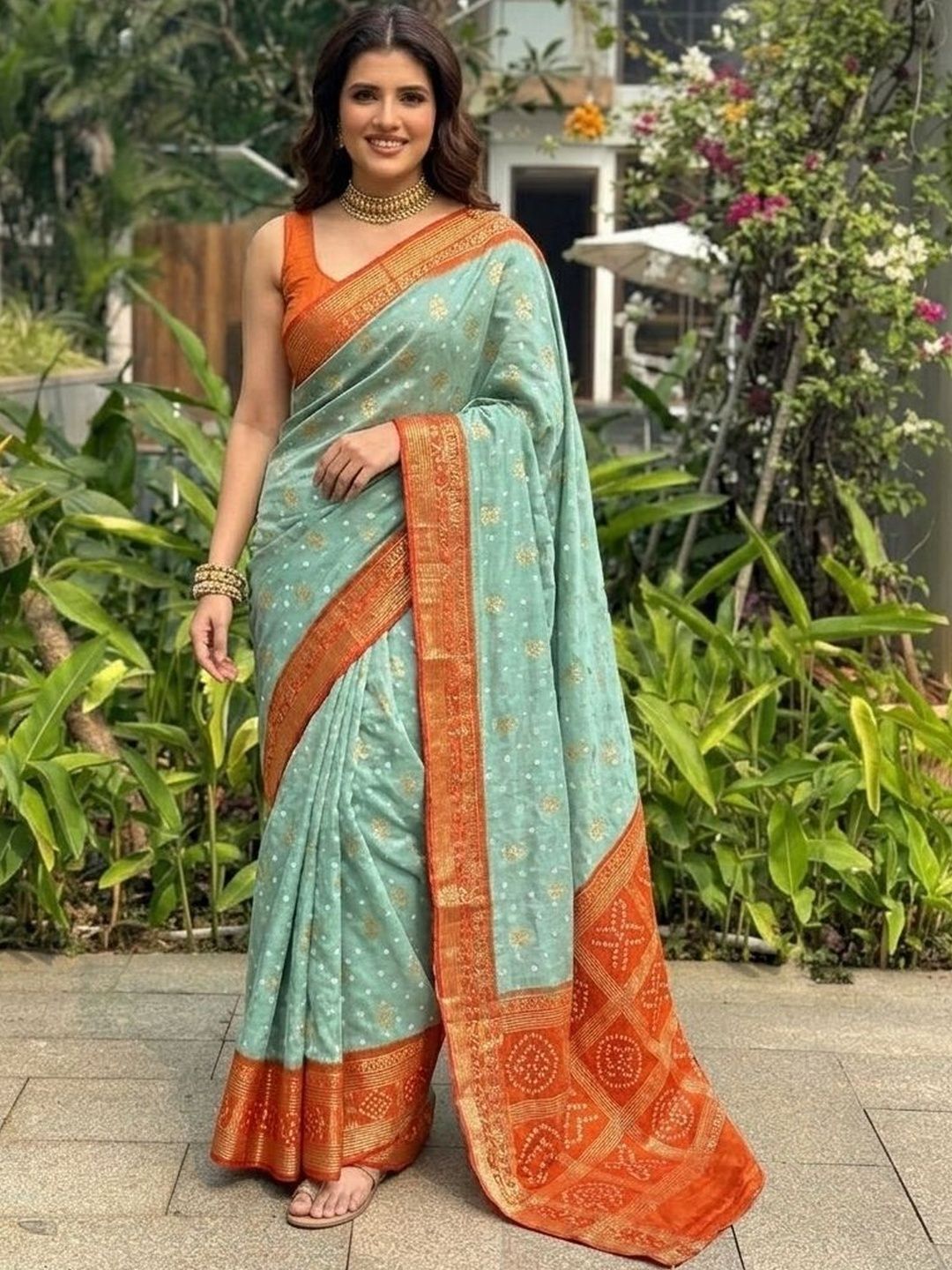 Kalista Ethnic Motifs Printed Zari Georgette Bandhani Saree