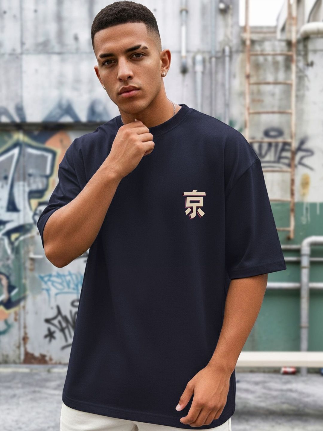 TRIPR Navy Blue Graphic Printed Oversized T-shirt