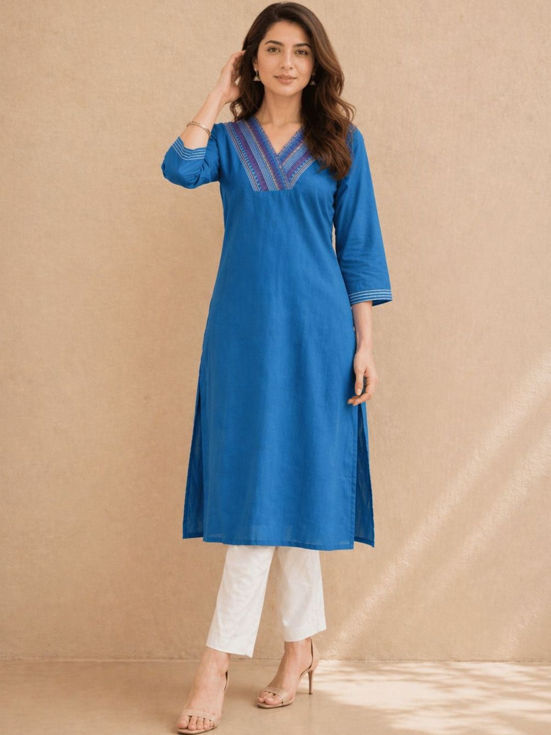 Sangria Embroidered  V-Neck Knee Length Straight Kurtas