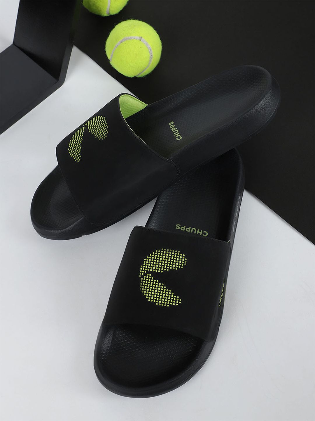 CHUPPS Men Black Neon Dot Fusion Ergo-X Orthopedic Sliders