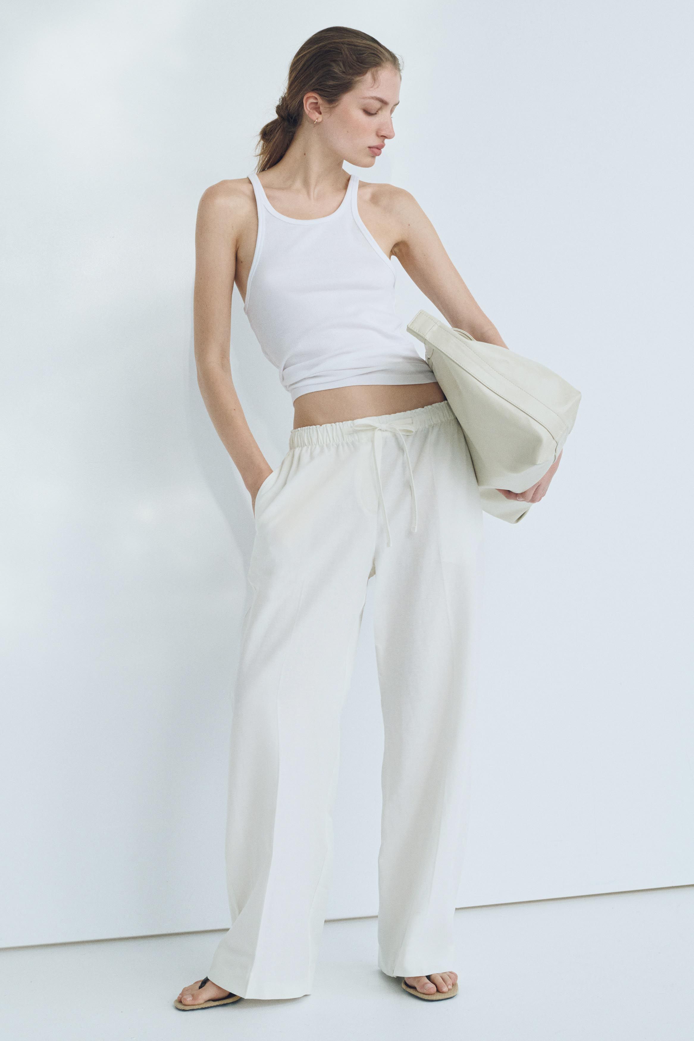 Women Drawstring Trousers H&M Women Linen-Blend Drawstring Trousers