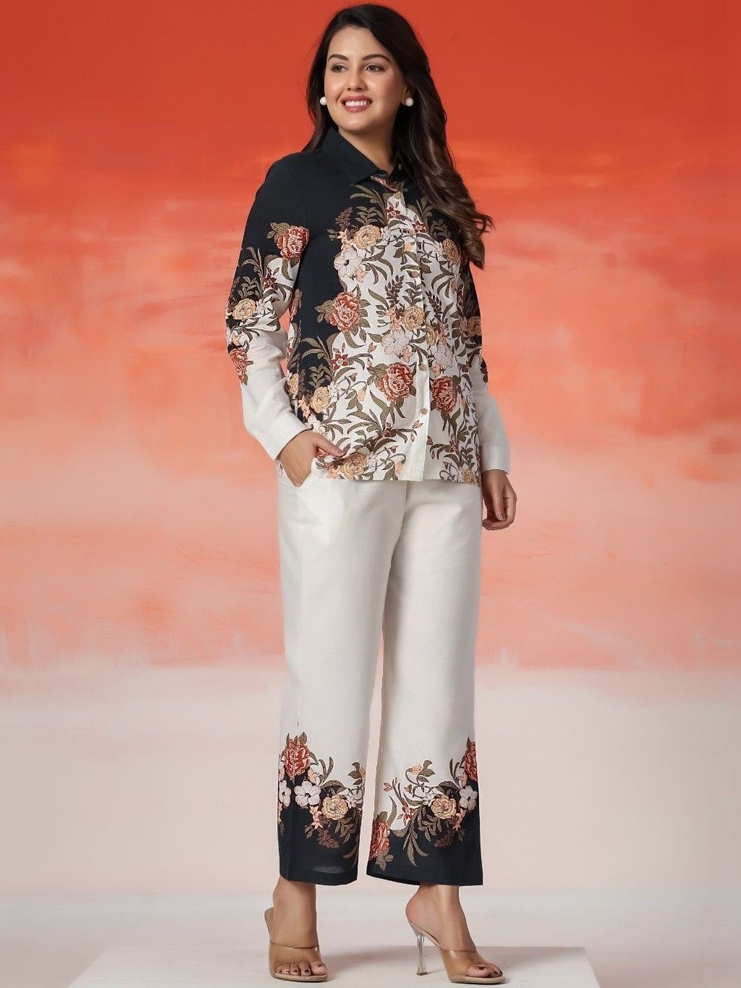 Sangria Floral Cotton Printed Shirt with Palazzos