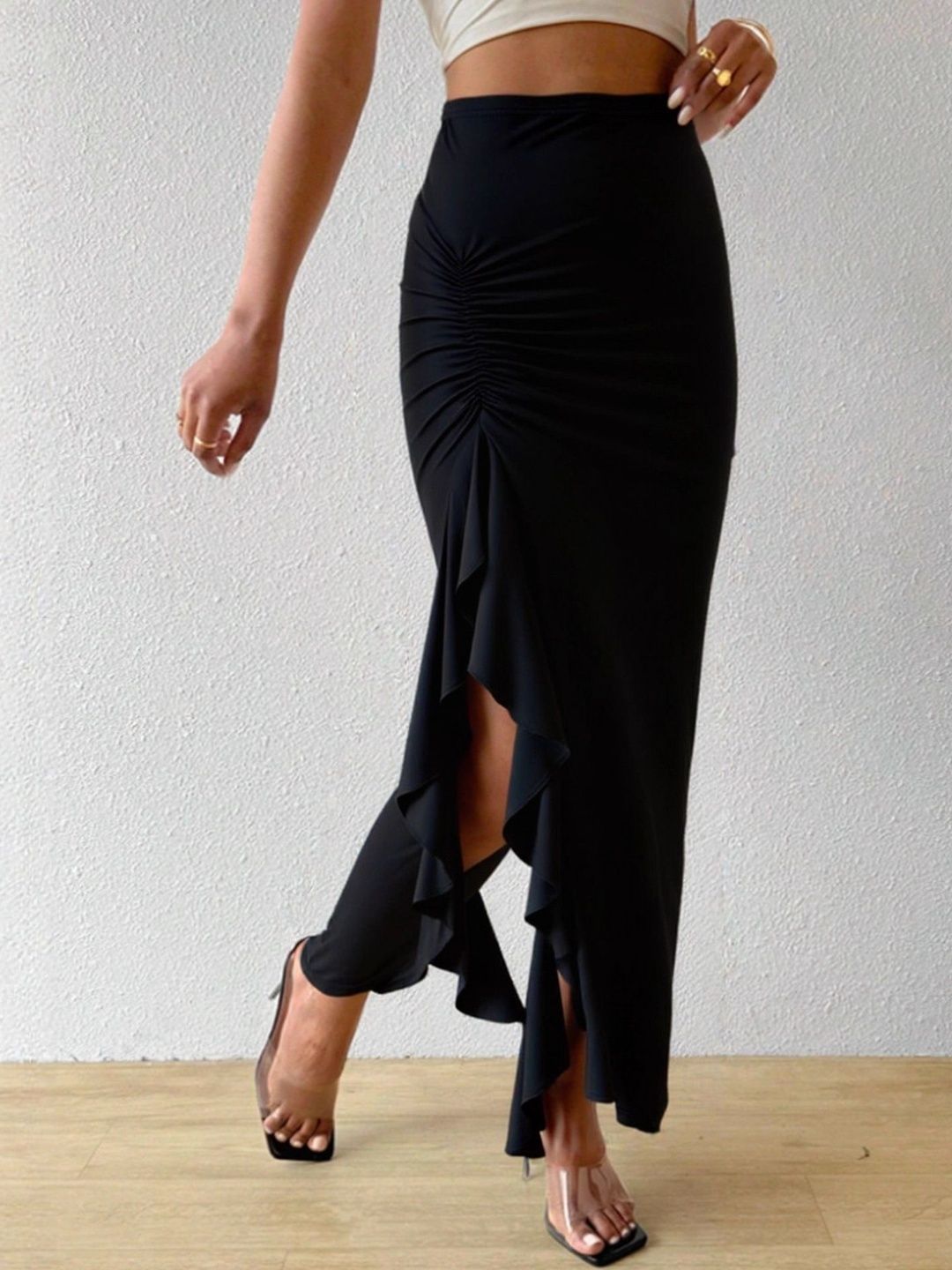 StyleCast Women Ruched Side Slit Midi A-Line Skirt