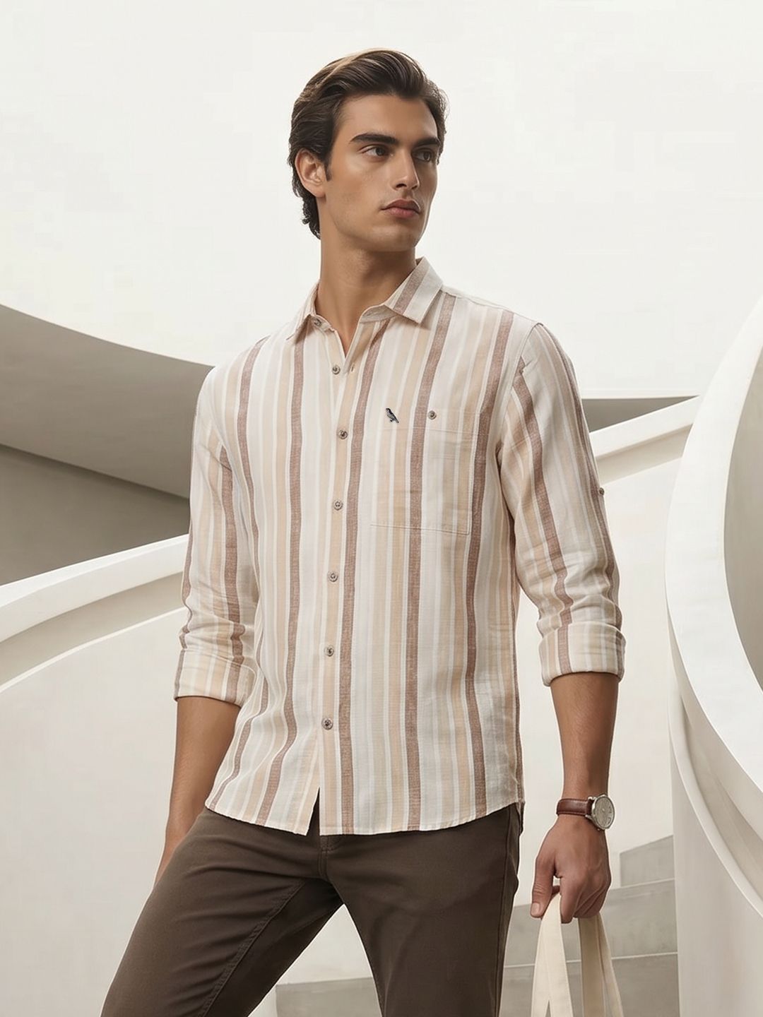 Mr Bowerbird Premium Tailored Fit Vertical Striped Cotton Linen Casual Shirt