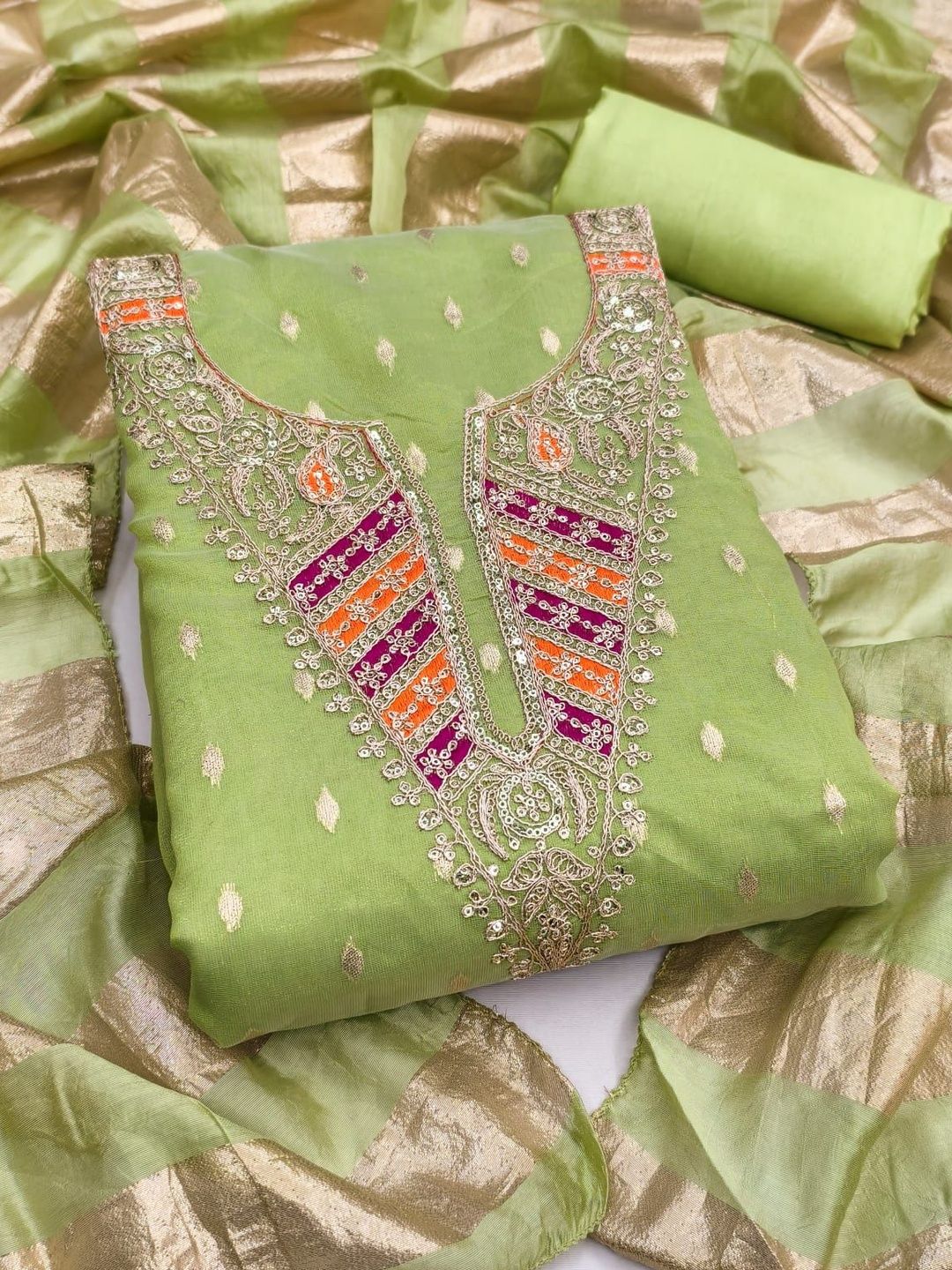 HMP Fashion Embroidered Organza Unstitched Dress Material