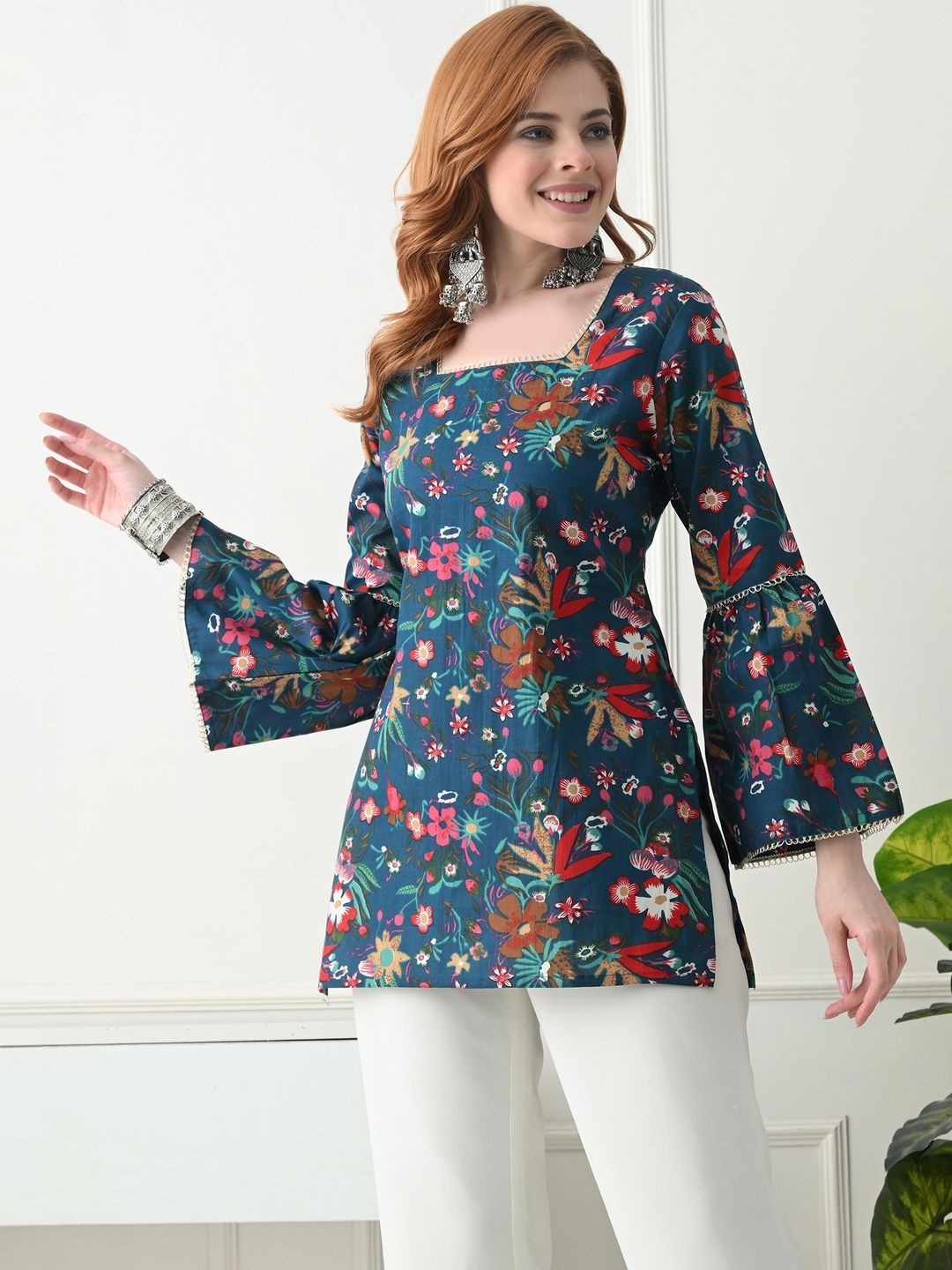 KJFAB Floral Printed Square Neck Flared Sleeves Pure Cotton Kurti