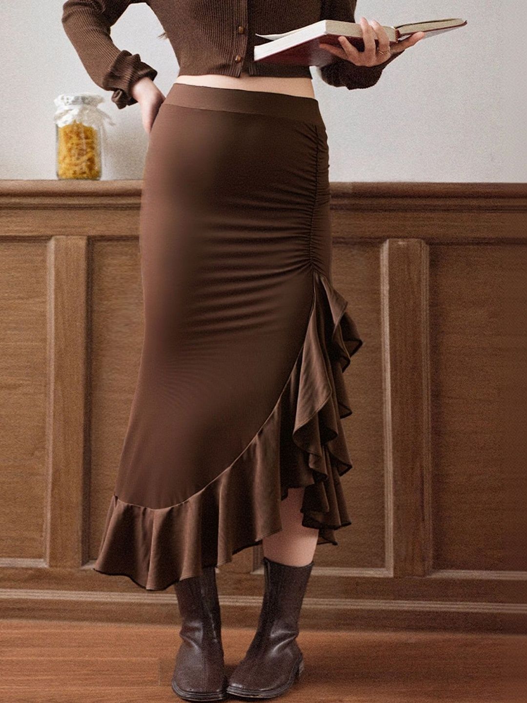 StyleCast Women Ruched Midi Trumpet Skirt