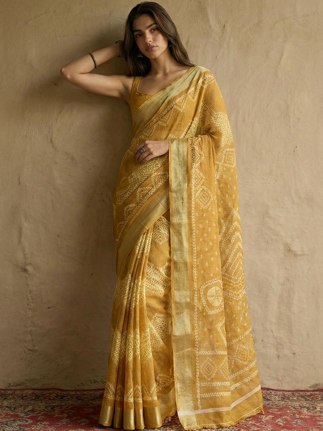 Anouk Women Mustard Ethnic Motifs Printed Saree with Blouse Piece