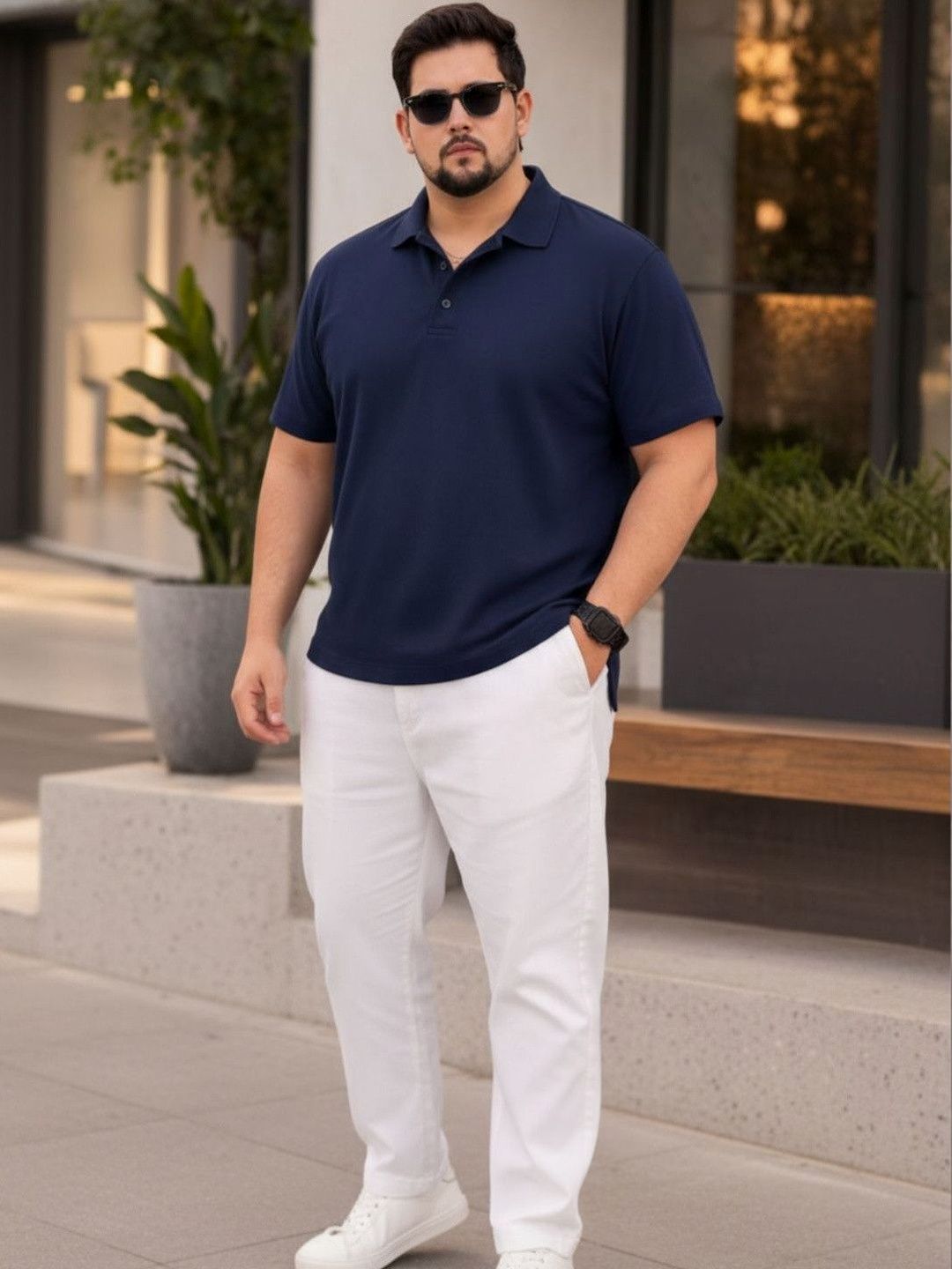 Sztori Men Plus Size Solid Navy Blue Cotton Polo Collar Half Sleeve Regular Fit T-Shirt