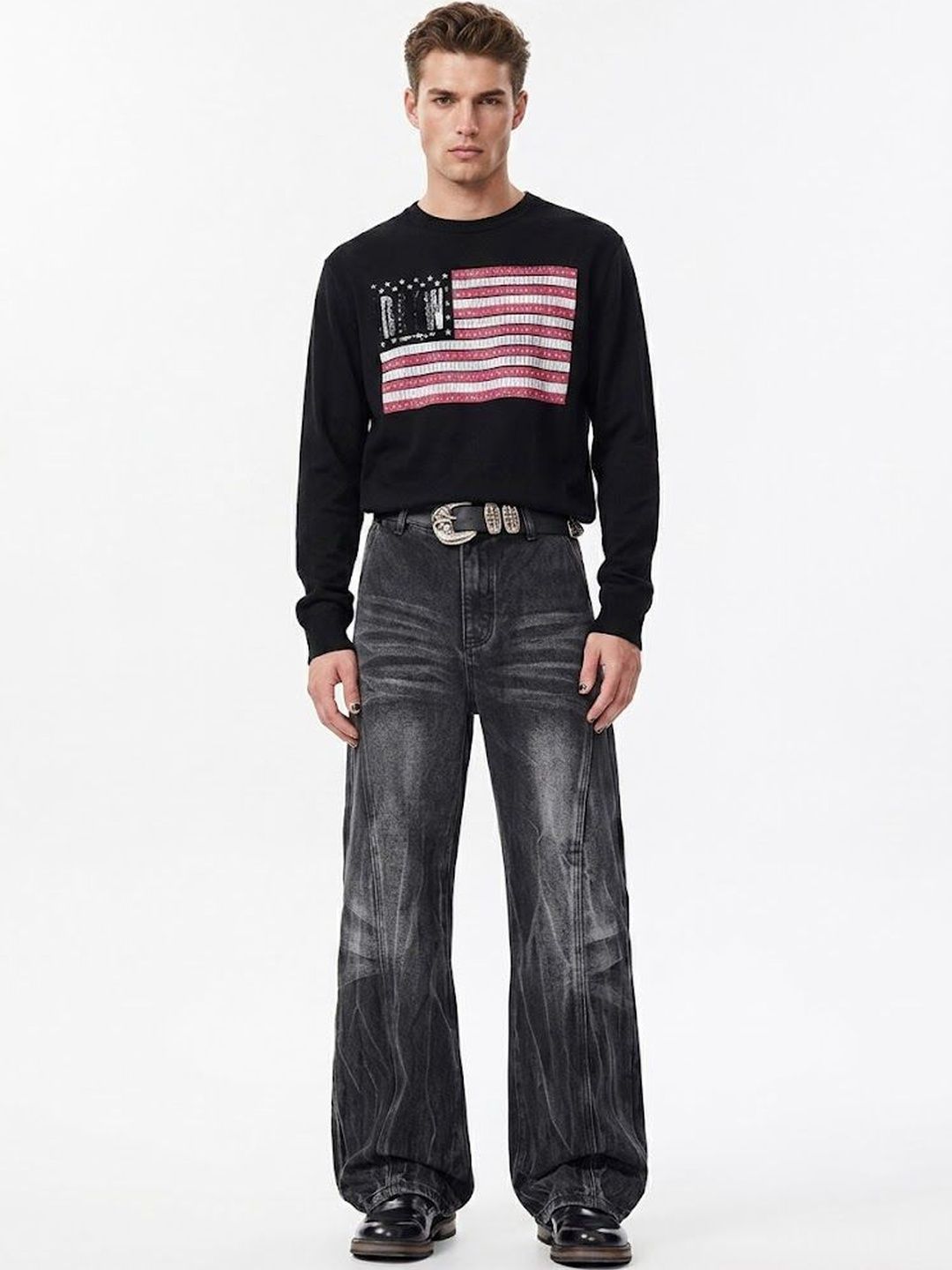 StyleCast x Revolte StyleCast x Revolte Men Wide Leg Mid-Rise Mildly Distressed Heavy Fade Jeans