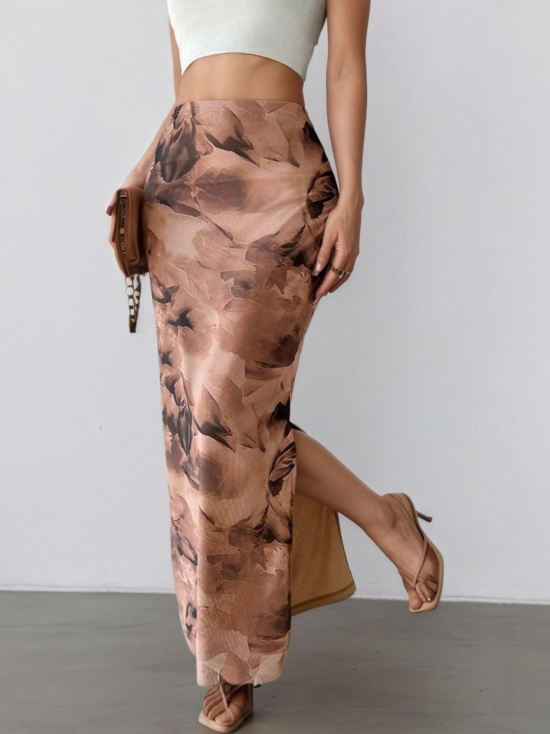 StyleCast Women Abstract Side Slit Maxi Straight Skirt