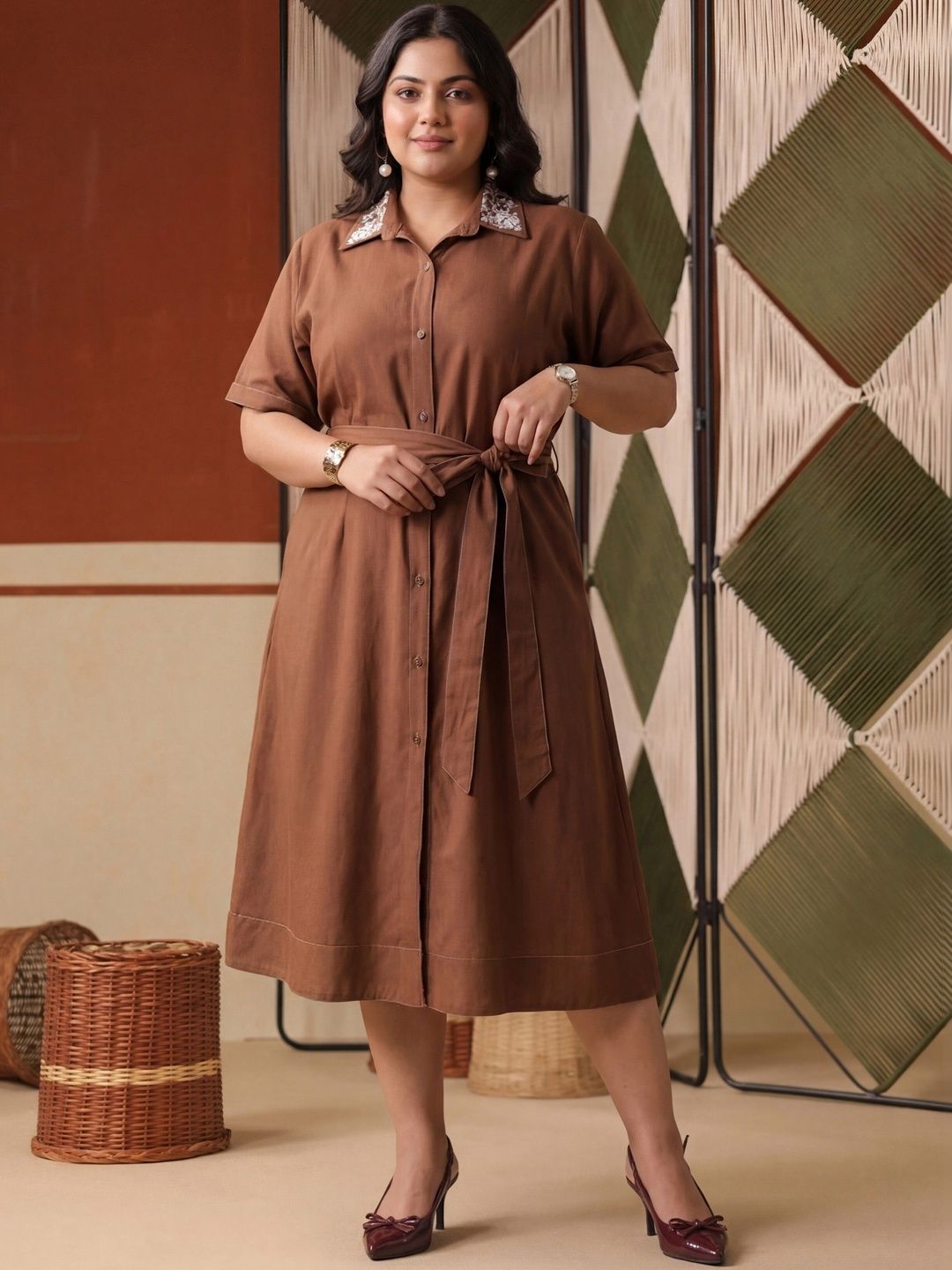 SCAKHI Plus Size Women Brown Embroidered Collar Midi Dress