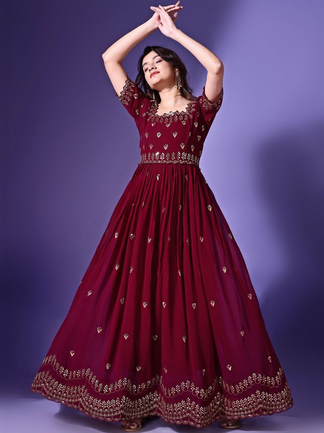 KALINI Embroidered Square Neck Fit & Flare Maxi Dress