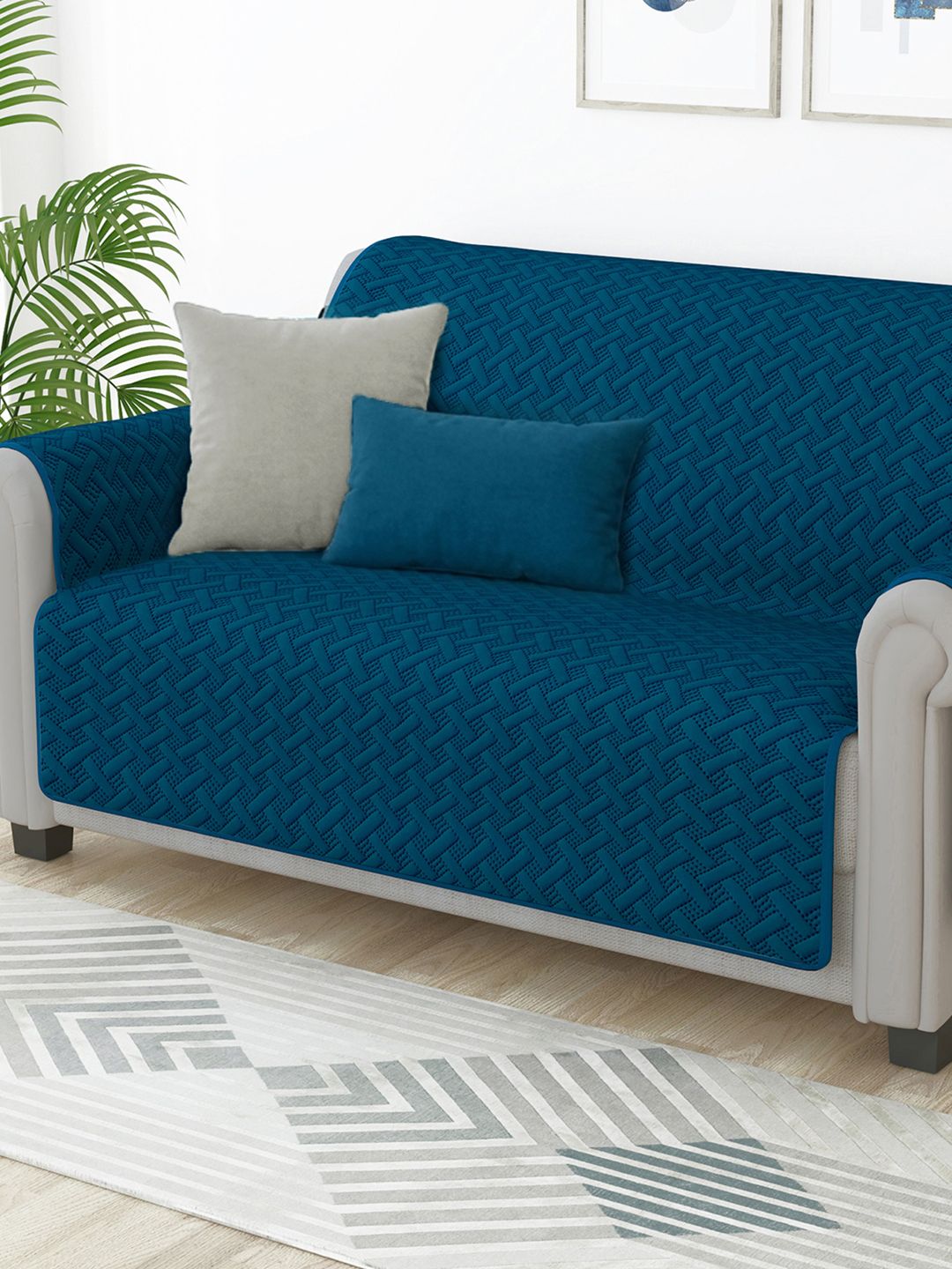 Story@home Story@home Navy Blue Self Design Microfiber 2 Seater Sofa Cover With Arms