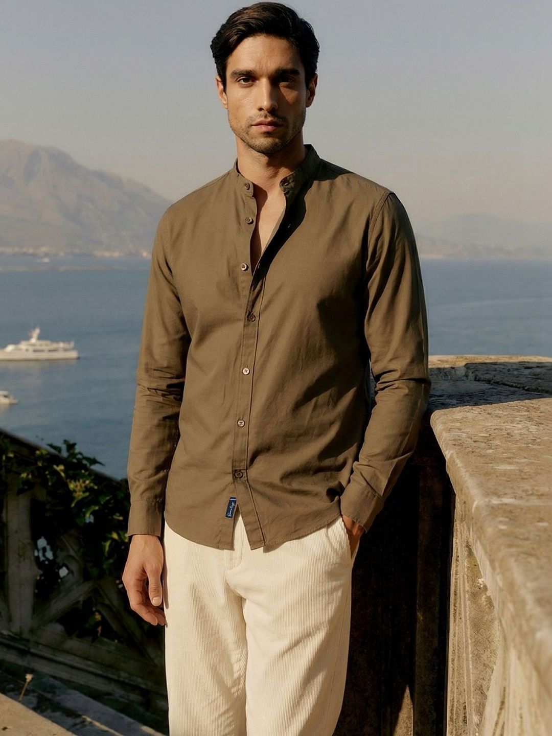 Dennis Lingo Regular Fit Mandarin Collar Cotton Blend Shirt