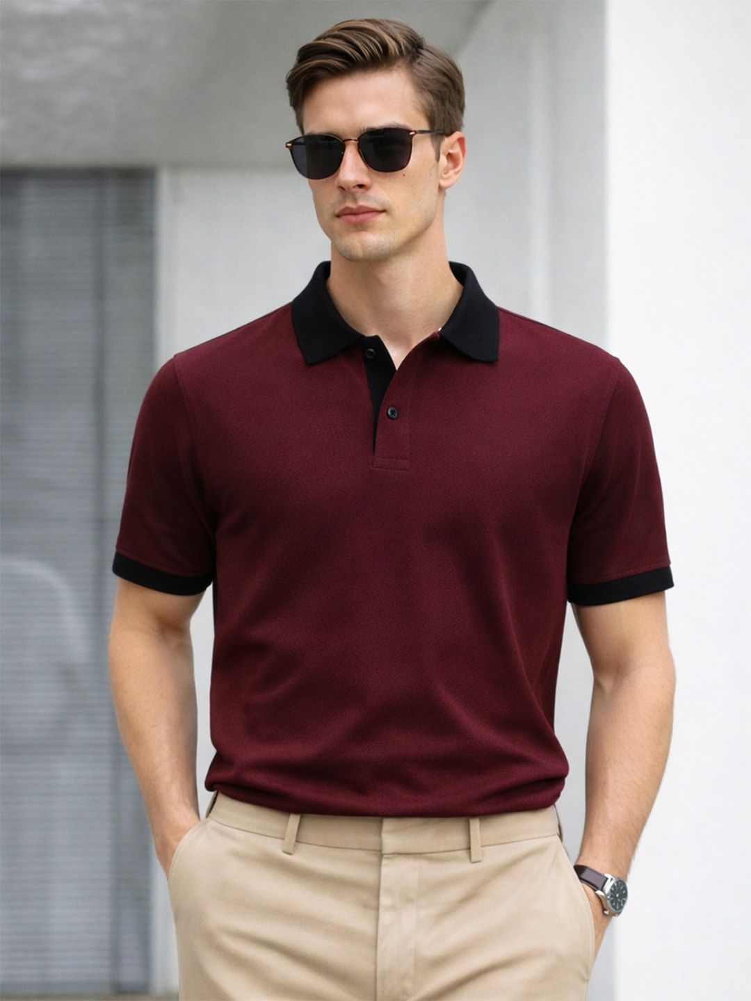 VEIRDO Men Maroon Solid Regular Fit Pure Cotton Polo T-Shirt