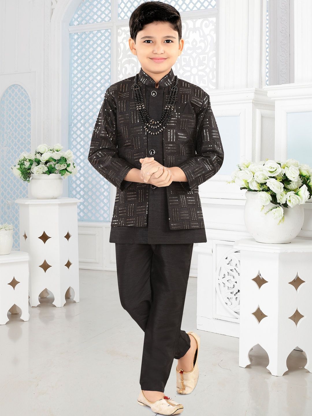 joley poley Boys Sequin Embellished Mandarin Collar Sherwani