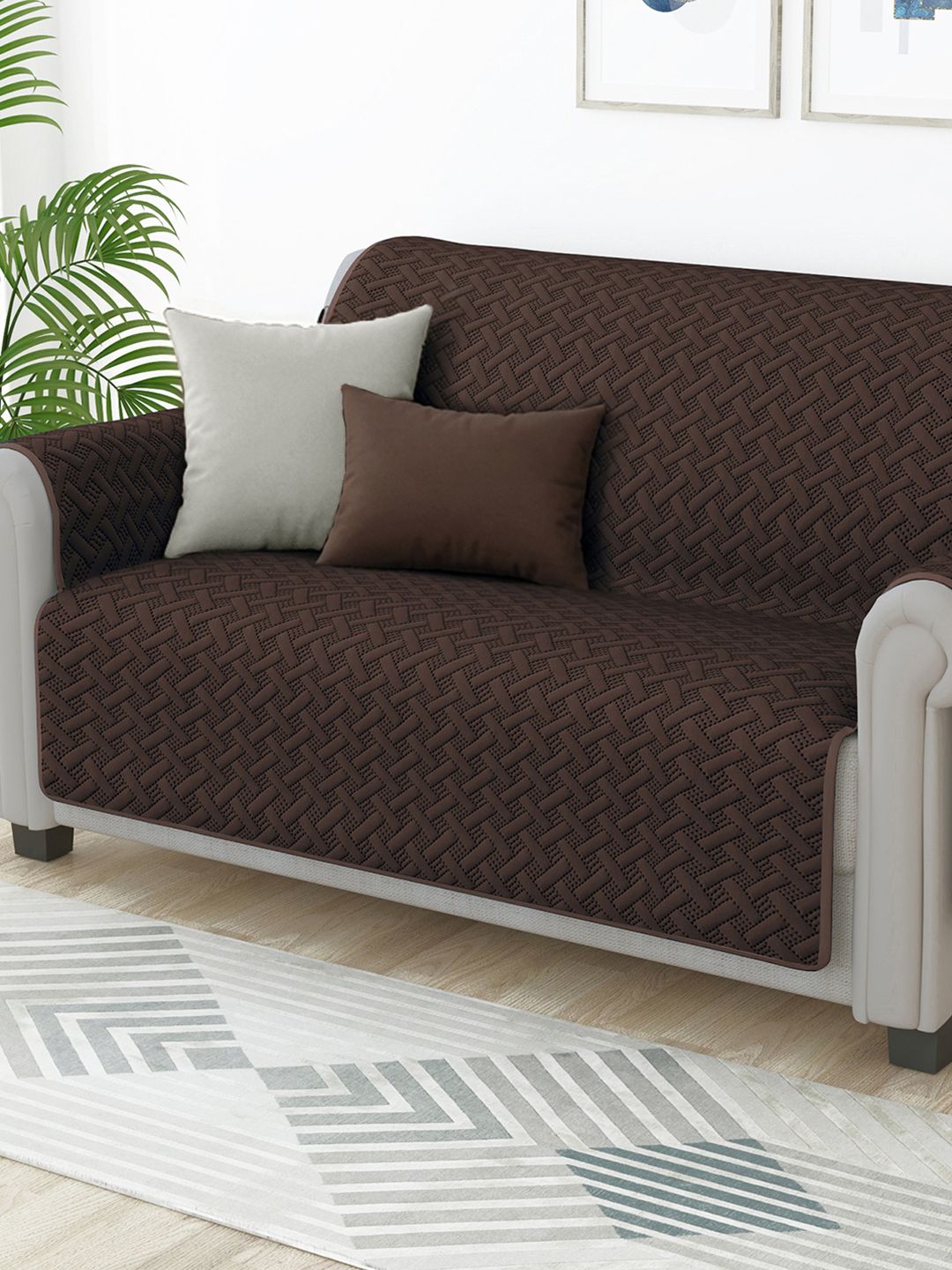 Story@home Story@home Brown Self Design Microfiber 2 Seater Sofa Cover With Arms