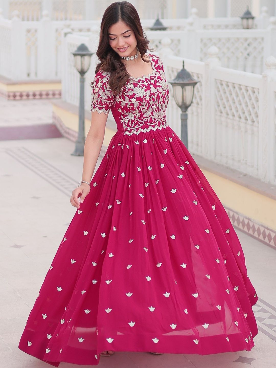 KALINI Embroidered Round Neck Fit & Flare Maxi Dress