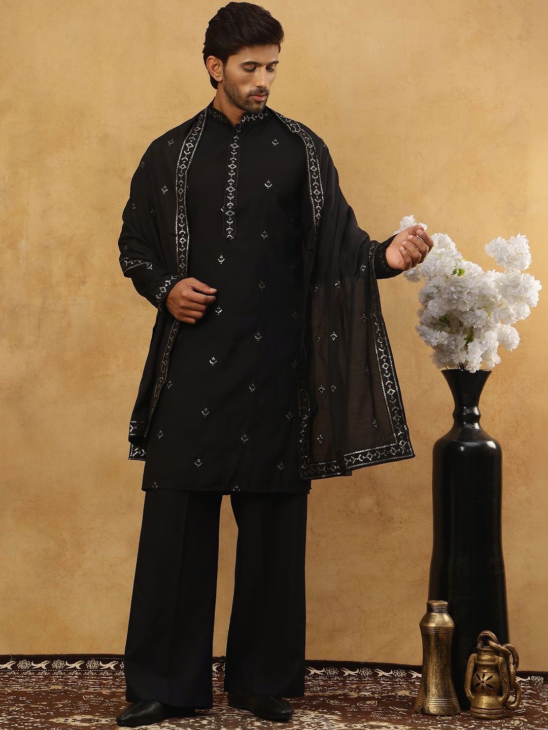 Jompers Jompers Floral Embroidered Sequinned Kurta With Korean Pants & Dupatta