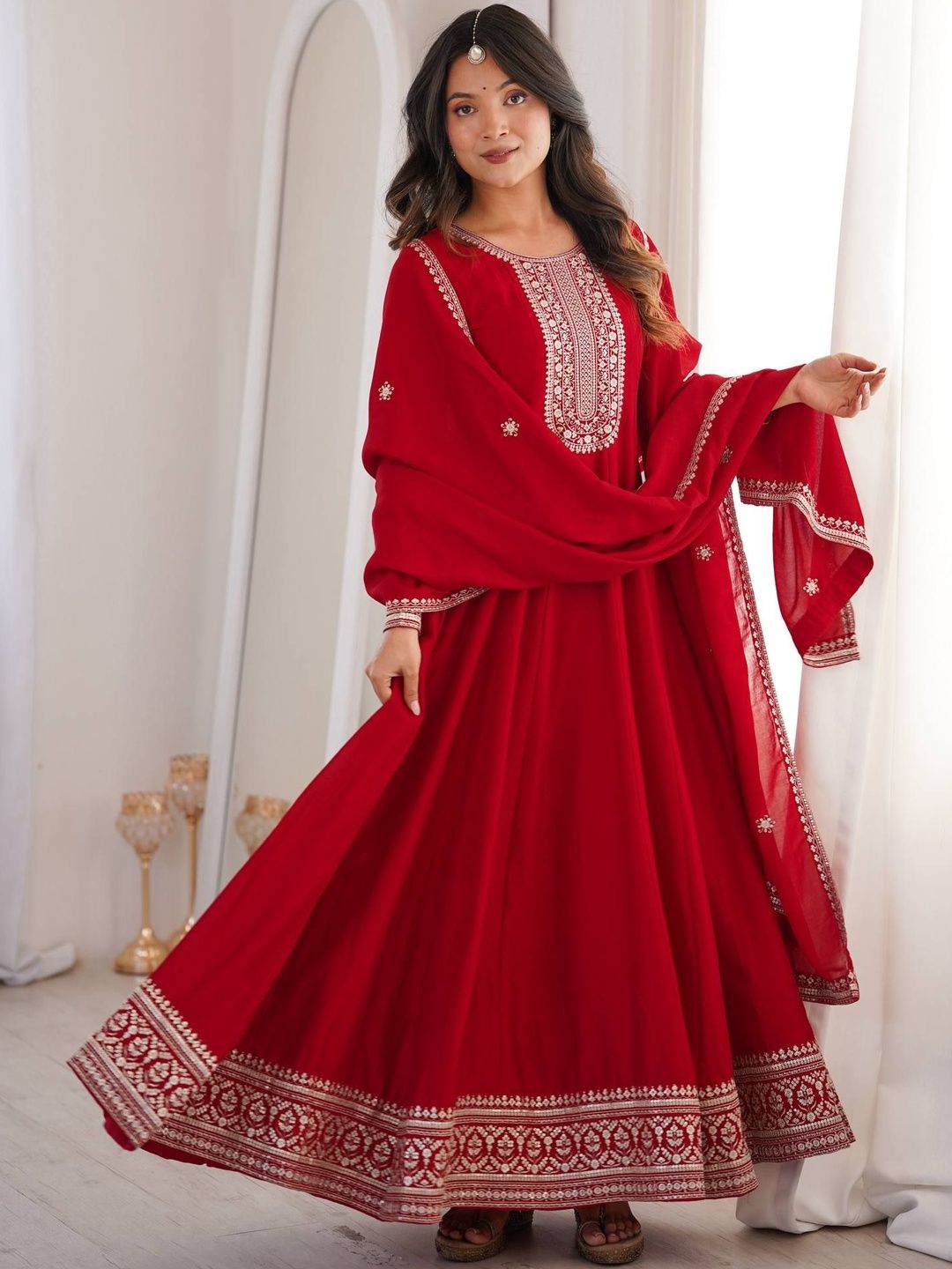 fitted lace wedding dress Buy Red Color Vichitra Silk Wedding Anarkali Gown With Dupatta main image 0