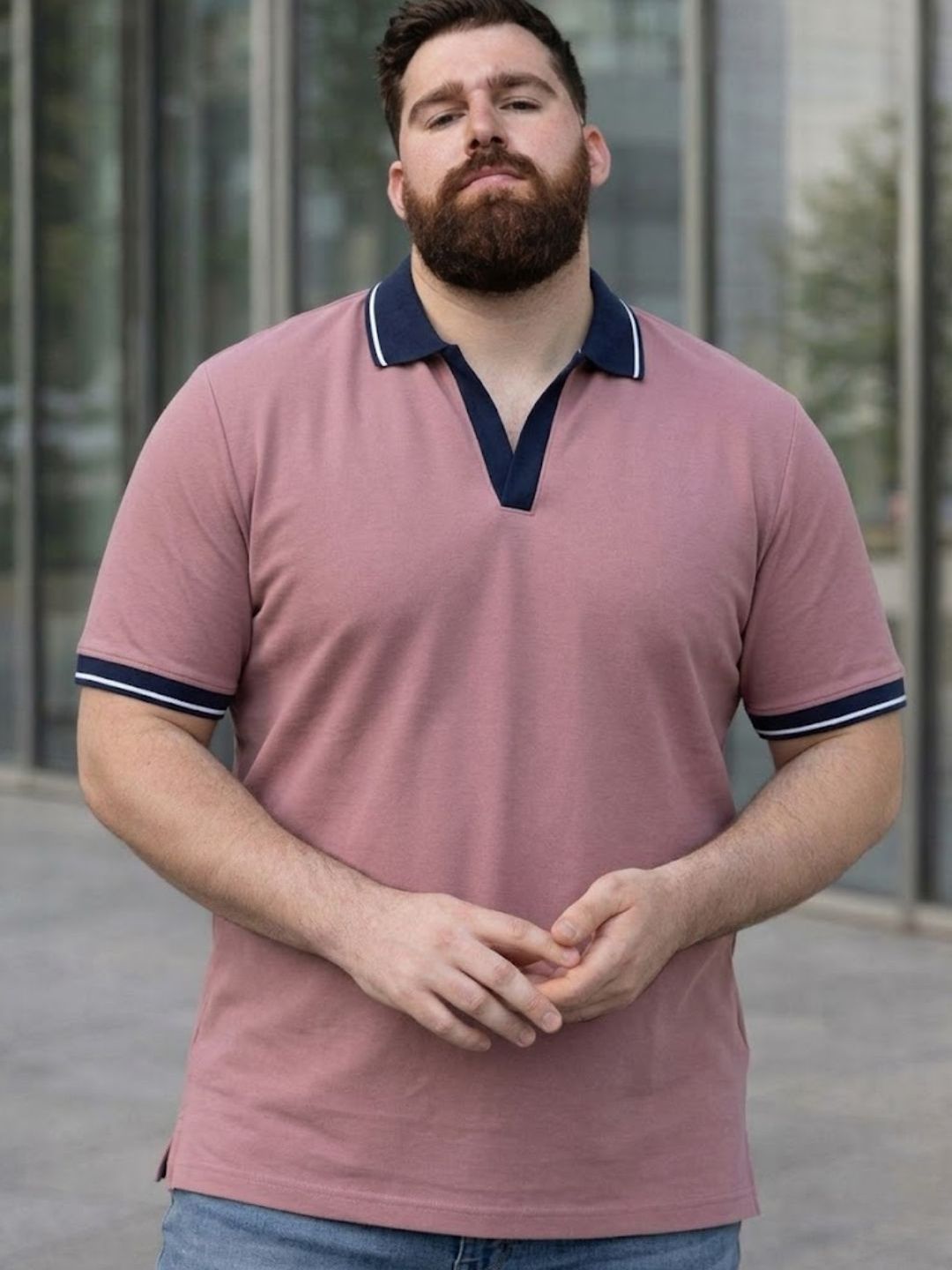 Rigo Men Plus Size Solid Mauve Tipping Collar Regular Fit Half Sleeve Cotton T-Shirt