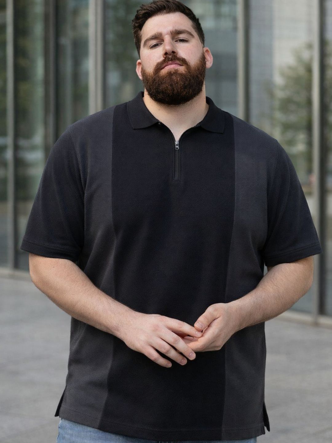 Sztori Men Plus Size Black Polo Collar Colourblocked Cotton Half Sleeve Zipper T-shirt