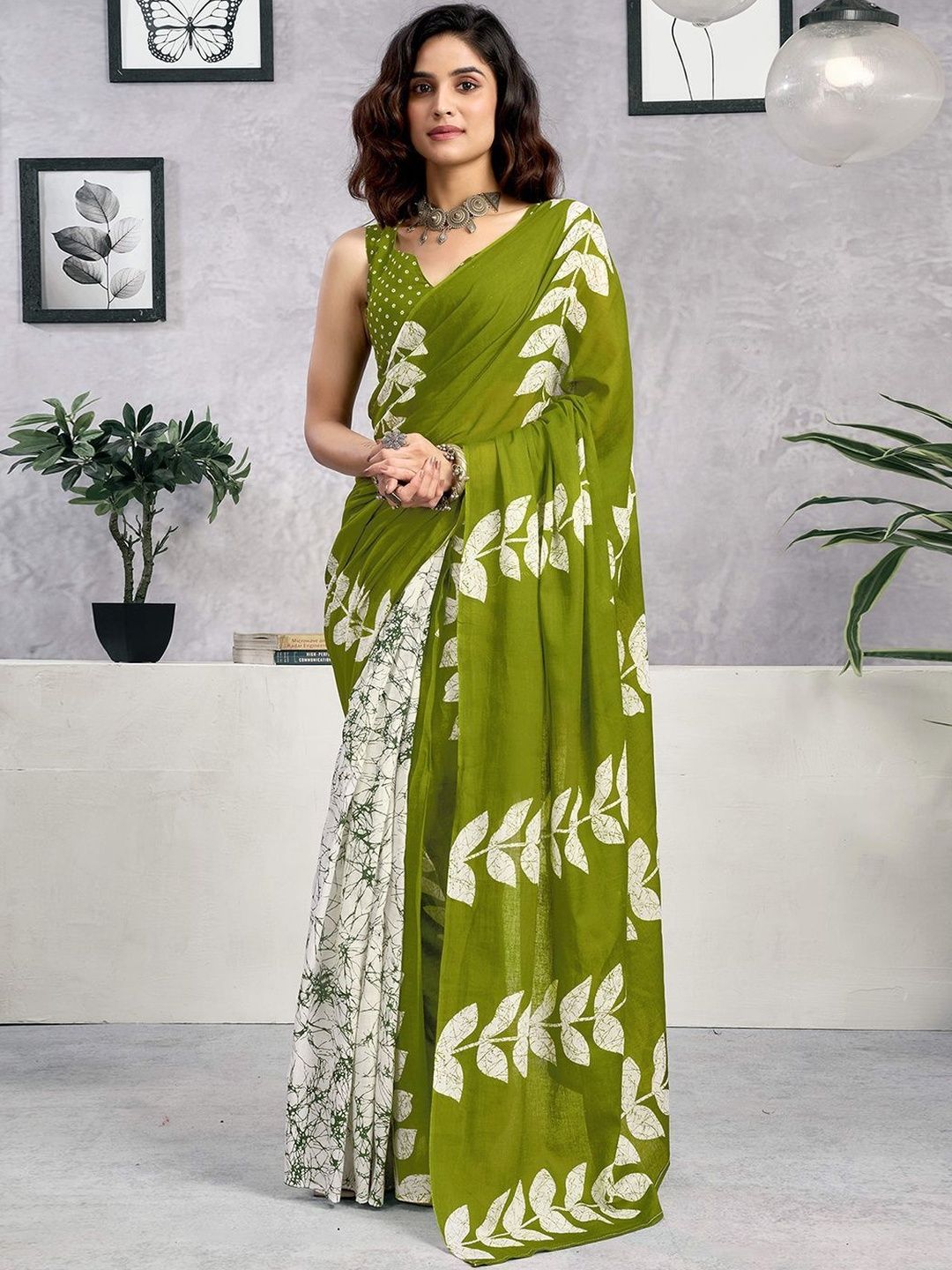Sangria Printed Pure Cotton Ready to Wear Saree with Unstitched Blouse Piece