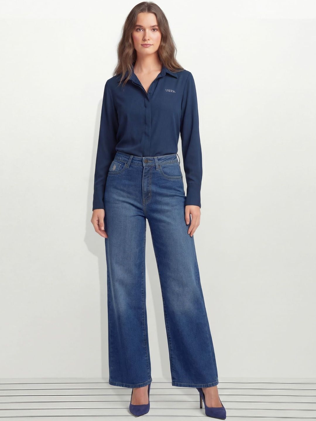 Women Wide Leg High-Rise Jeans U.S. Polo Assn. Women Women Wide Leg High-Rise Light Fade Stretchable Jeans