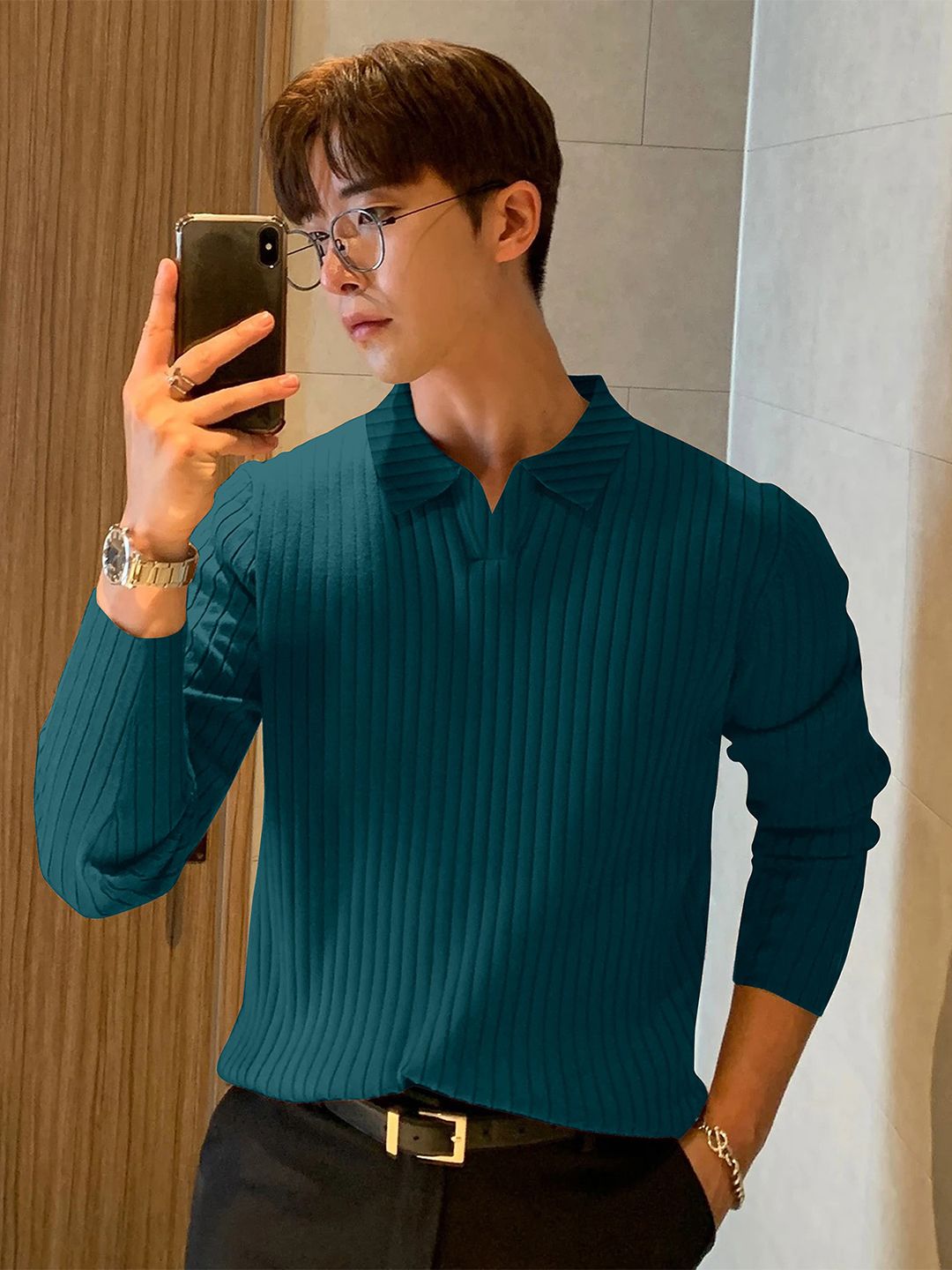 MODALEN Men Textured Polo V Neck Collar Tshirts