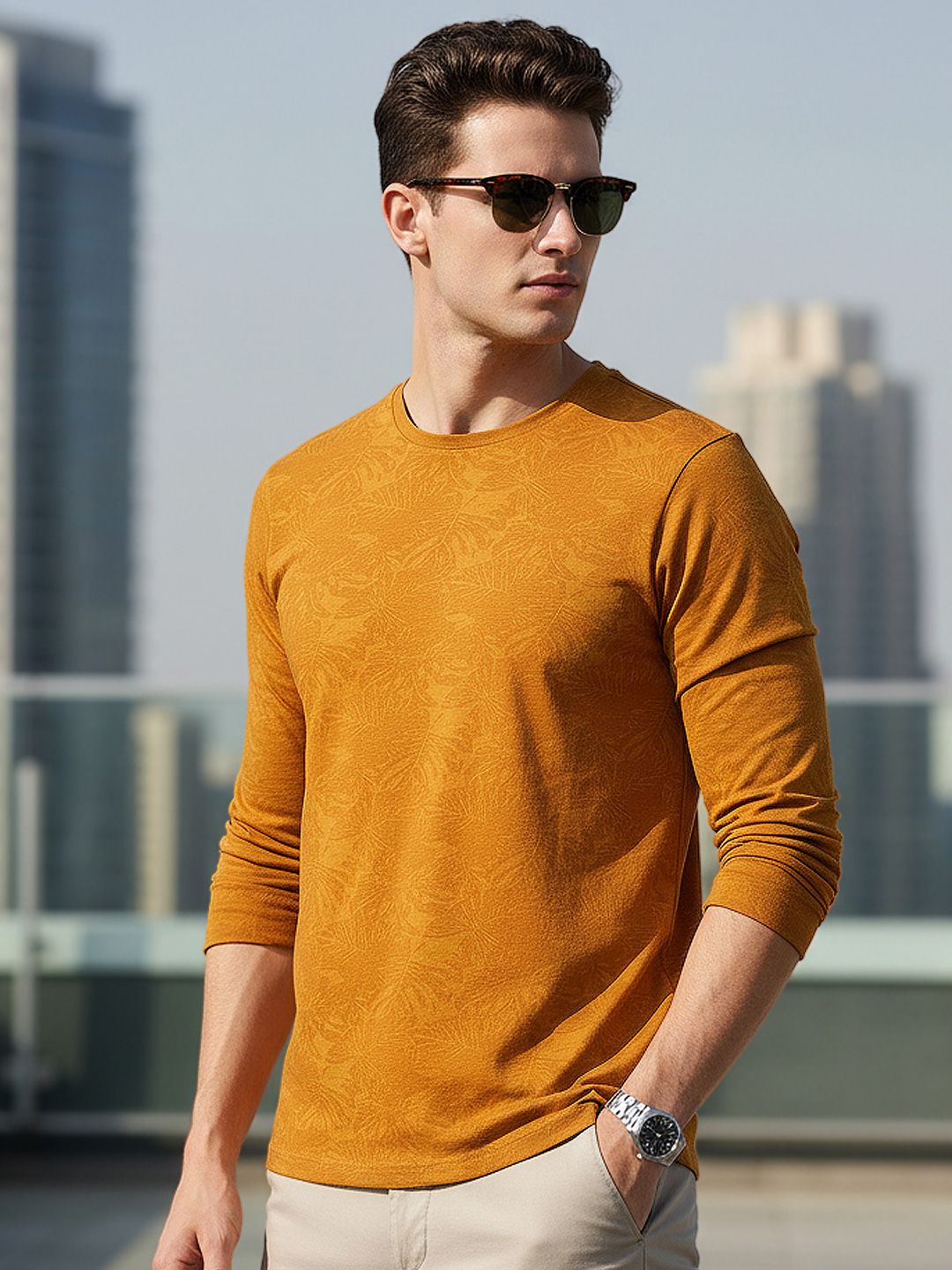 Urbano Fashion Men Mustard Yellow Printed Slim Fit  Pure Cotton T-shirt