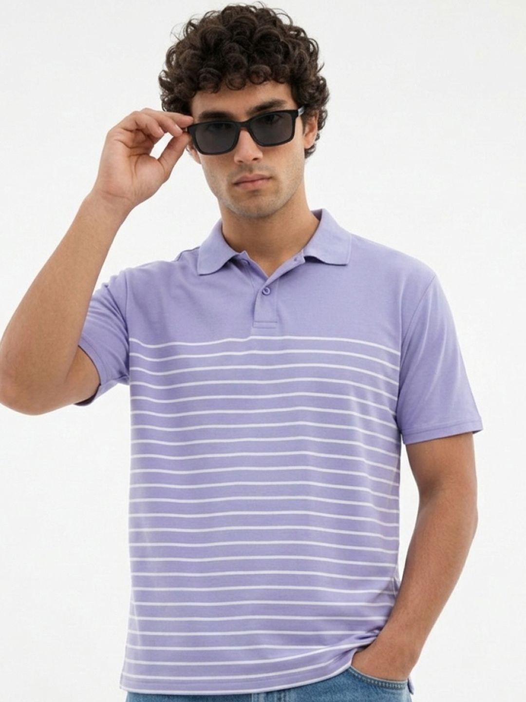 HERE&NOW Men Striped Polo Collar T-shirt