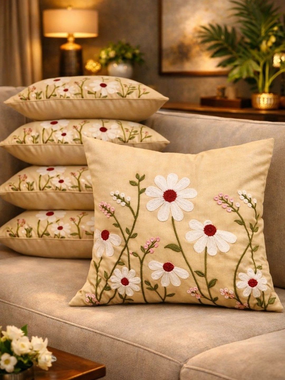 LOFEY Beige Set of 5 Embroidered Satin Square Cushion Covers