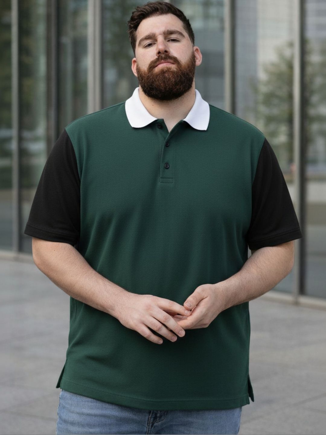 HERE&NOW Men Plus size Green Colourblock Polo Neck Half Sleeve Cotton T-Shirt