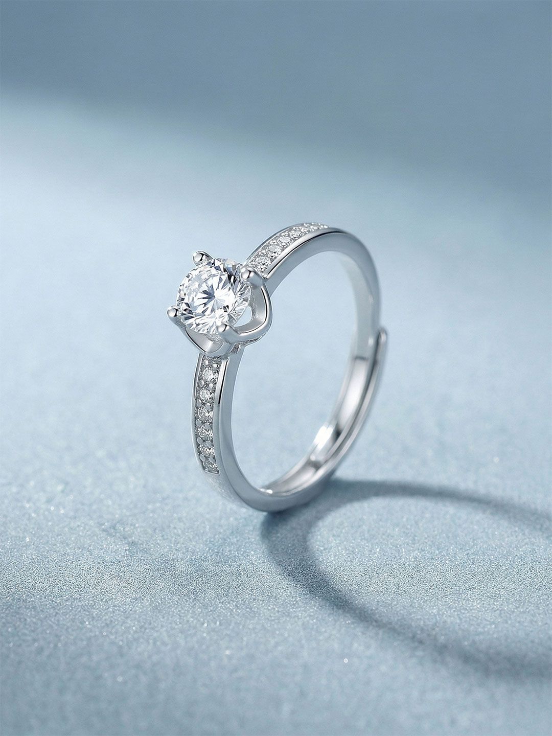 925 Sterling Silver Ring PALMONAS 925 Sterling Silver Rhodium-Plated American Diamond Studded Finger Ring
