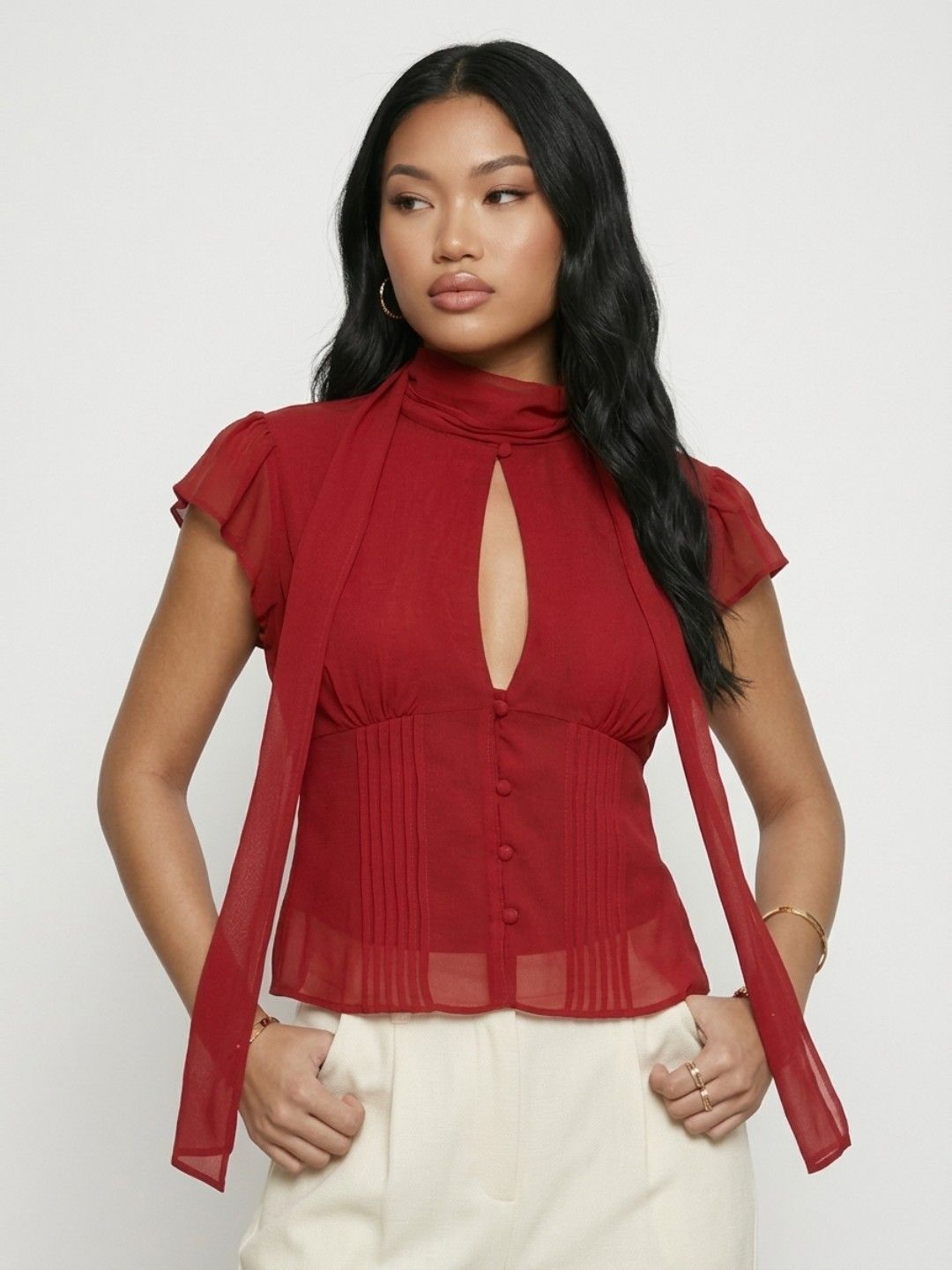 Buy Phosphorus Mandarin Collar Pin Tucks Flutter Sleeve Top - Tops